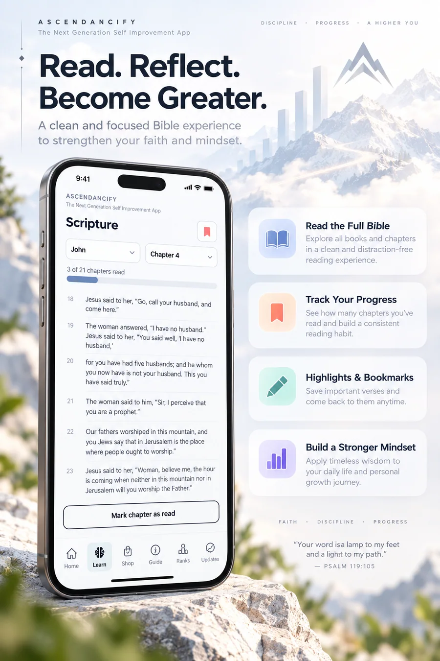 Ascendancify Bible reader with chapters, reading progress, and bookmarks